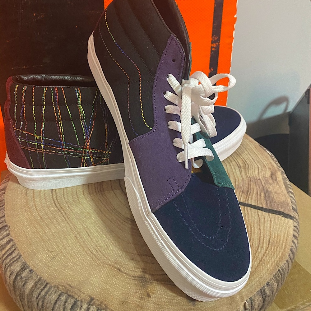 Colorblock/Rainbow Stitched High Top Vans
